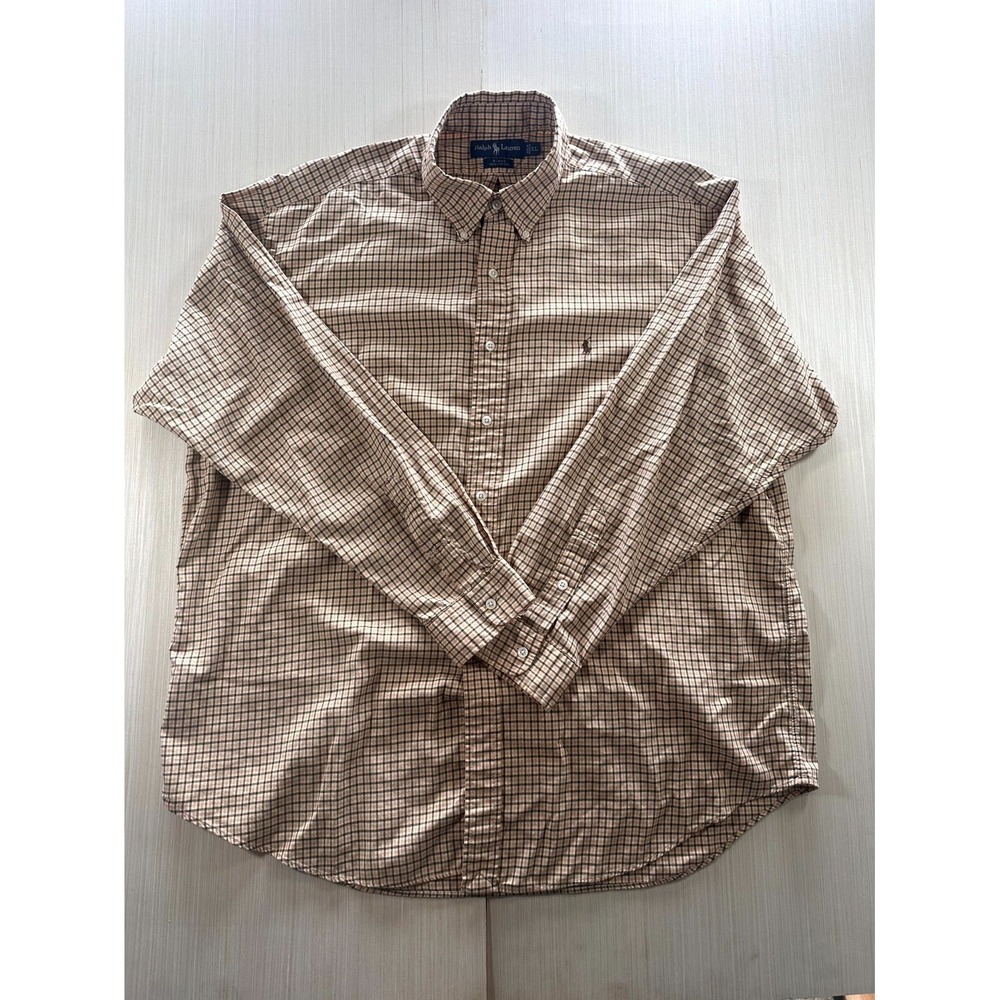 Ralph Lauren Blaire Shirt Men XL Beige Check 100% Cotton Long Sleeve Button-Down